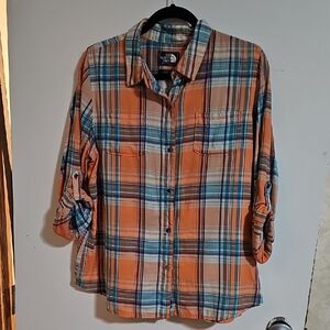 Casual Plaid Button-Down Shirt - Orange and Blue